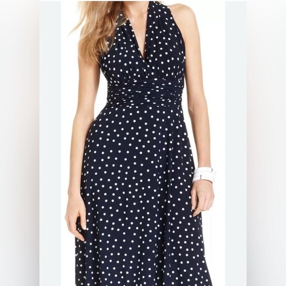 🌈Evan Picone Womens Blue Polka Dot Halter Neck Ruched Midi Dress, Size 8